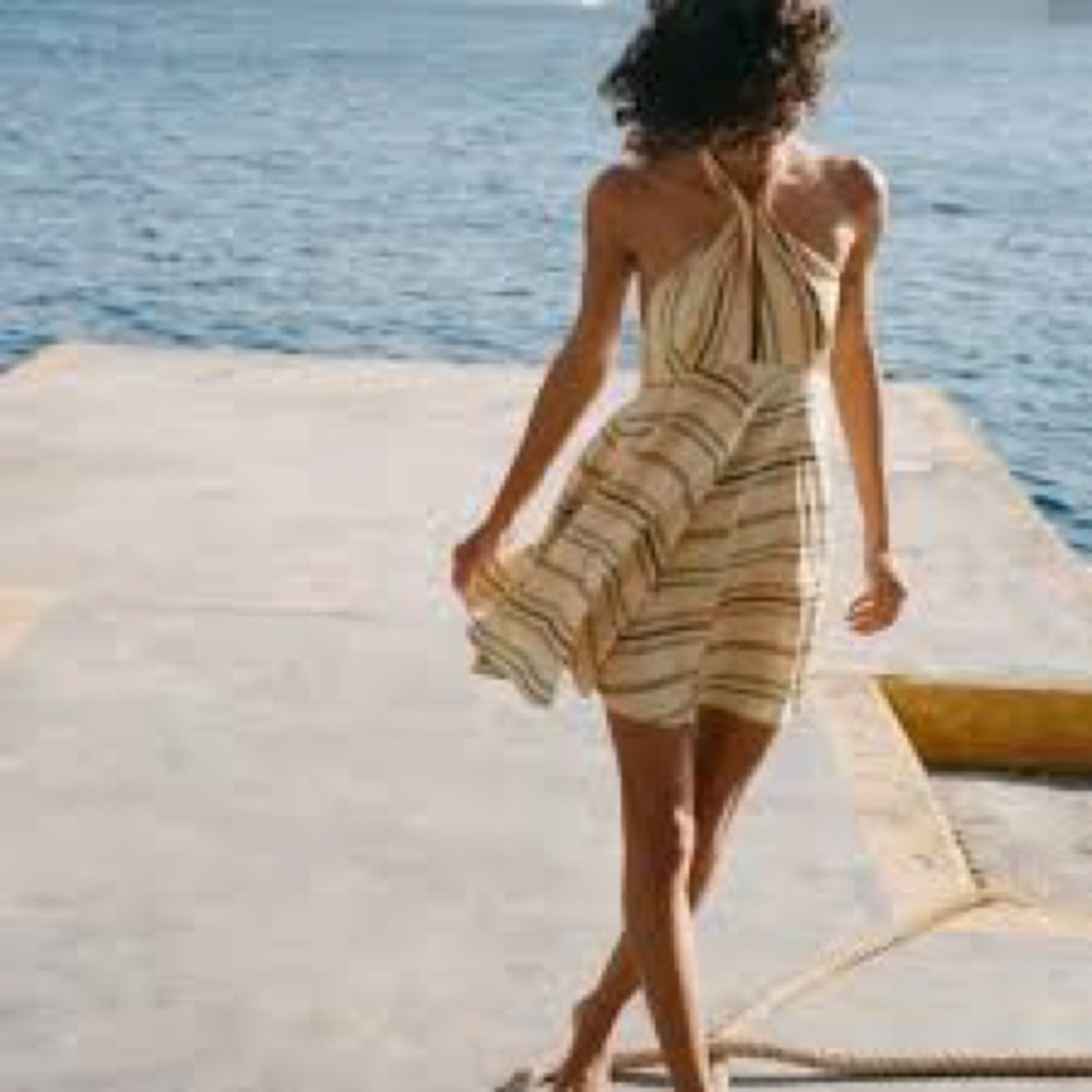 NWT ZARA STRIPED LINEN BLEND MINI DRESS CREAM S